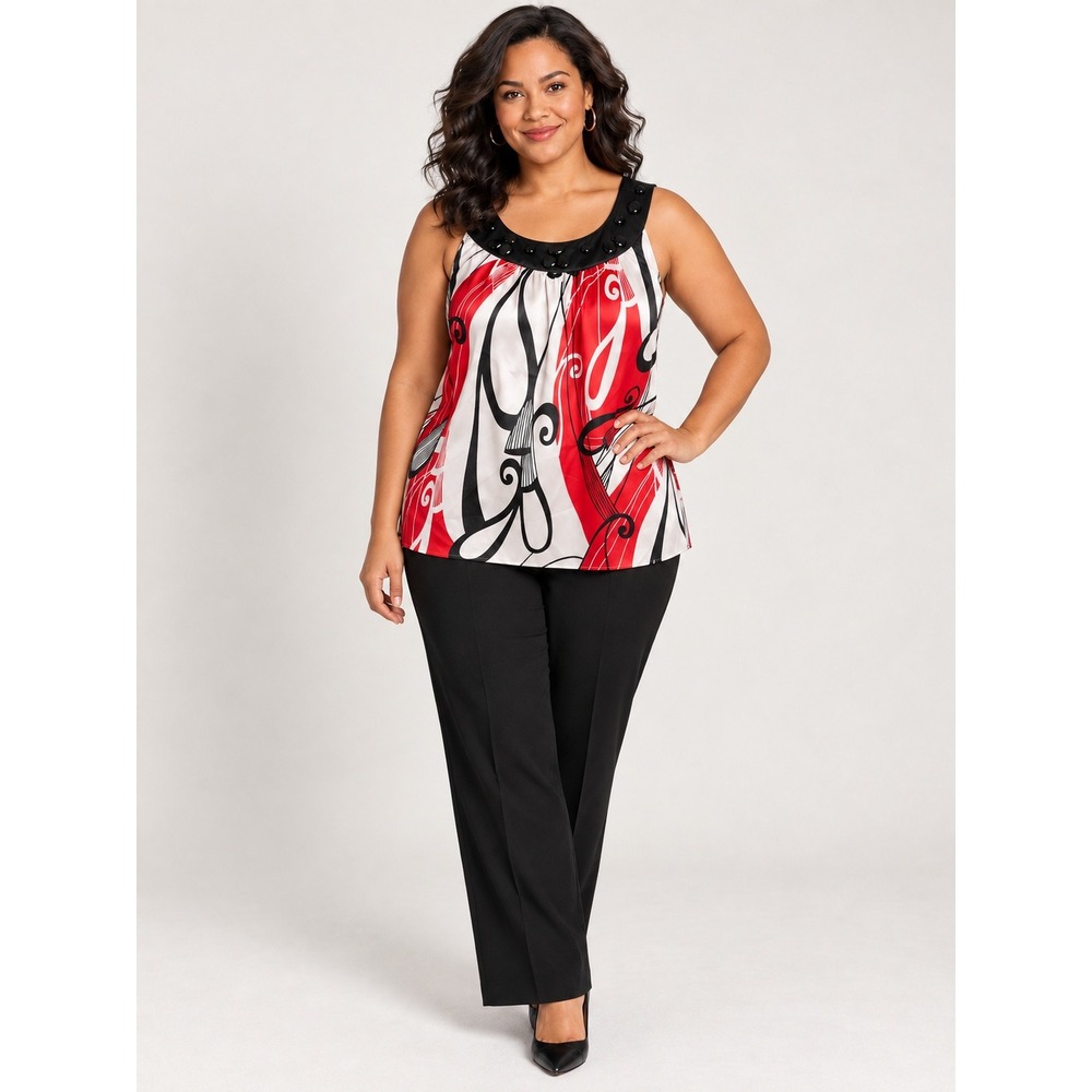 Lane Bryant Top Womens 24 NWT Red Black Abstract Beaded Satin Sleeveless Blouse
